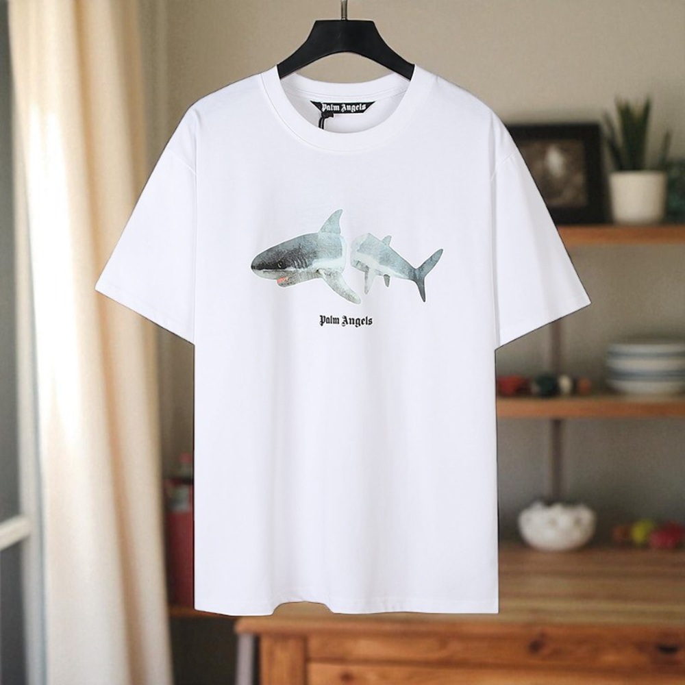 Palm Angels White Shark Graphic Short Sleeve Tee